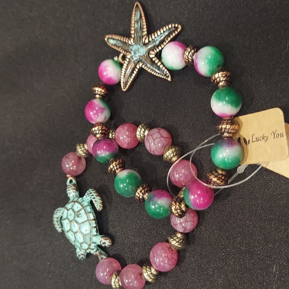 NWT Gemstone Bracelet Set with Turtle and Starfish Charms - Picture 2 of 6